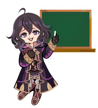 1girl ahoge artist_name belt black_coat black_hair book boots chalk chalkboard chibi chibi_only coat commentary english_commentary female_morgan_(fire_emblem) fire_emblem fire_emblem_awakening full_body gloves hair_between_eyes highres holding holding_book holding_chalk hood hooded_coat looking_at_viewer nintendo pants purple_eyes short_hair simple_background solo teeth upper_teeth_only wavy_hair white_background yancadoodles