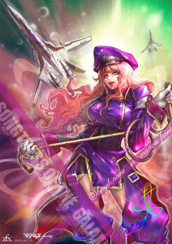 1girl blonde_hair blue_eyes breasts corset earrings gloves hat jay_b_lee jewelry large_breasts long_hair macross macross_frontier mecha peaked_cap robot sheryl_nome single_earring space vf-25 whip