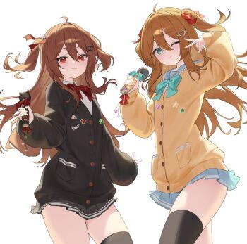 2girls ahoge aqua_bow aqua_bowtie arm_up badge black_cardigan black_skirt black_thighhighs blue_eyes blue_sailor_collar blue_skirt bow bowtie broken_heart broken_heart_hair_ornament brown_hair button_badge cardigan closed_mouth collared_shirt commentary commission cowboy_shot dress_shirt english_commentary evil_neuro-sama fang hair_between_eyes hair_ornament heart heart_hair_ornament holding holding_microphone long_hair long_sleeves looking_at_viewer microphone miniskirt multiple_girls n4_h4m neuro-sama one_eye_closed red_bow red_bowtie red_eyes red_ribbon ribbon sailor_collar shirt siblings simple_background single_thighhigh sisters skin_fang skirt thighhighs twins two_side_up v v-neck vedal_ai white_background white_shirt yellow_cardigan