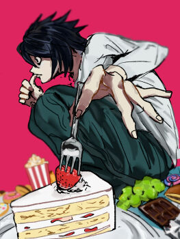 bags_under_eyes black_hair cake chocolate death_note denim donut food fruit grapes jeans l_(death_note) l_lawliet pants pink_background plate popcorn shirt strawberry strawberry_shortcake white_shirt