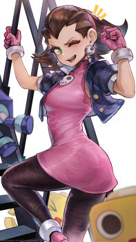 1girl brooch brown_hair earrings gloves green_eyes hair_pulled_back hair_slicked_back hairband highres jewelry long_hair looking_at_viewer magion02 mega_man_(series) mega_man_legends_(series) one_eye_closed open_mouth pantyhose pink_gloves pink_hairband servbot_(mega_man) simple_background skull_brooch skull_earrings smile solo tron_bonne_(mega_man) white_background