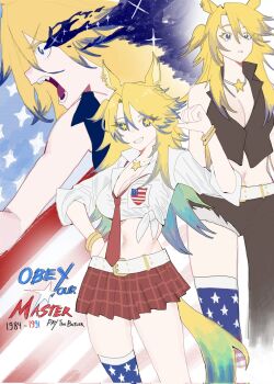 1girl american_flag american_flag_print animal_ears bangle belt black_pants black_shirt blonde_hair blue_eyes blue_hair bracelet breasts character_name cleavage eye_trail fangs flag_print grin hair_between_eyes highres horse_ears horse_girl horse_tail izaru_31 jewelry large_breasts light_trail long_hair midriff navel necklace necktie obey_your_master_(umamusume) open_mouth pants pleated_skirt red_necktie shirt single_thighhigh skirt sleeves_rolled_up smile sparkle star-shaped_pupils star_(symbol) star_necklace symbol-shaped_pupils tail tears thighhighs umamusume umamusume:_cinderella_gray white_belt white_shirt