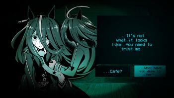 Rule 34 | 2girls, ahoge, animal ears, black coat, black hair, coat, dark, dialogue box, dialogue options, ear tag, earrings, english text, game screenshot background, gameplay mechanics, green theme, hair between eyes, highres, horse ears, horse girl, jewelry, long bangs, long hair, long hair between eyes, long sleeves, looking at viewer, manhattan cafe (creeping black) (umamusume), manhattan cafe (umamusume), multiple girls, necktie, night vision, no i'm not a human, parody, porch, pov peephole, sakanaflyer, screenshot background, single earring, sunday silence (racehorse), umamusume, white hair, wooden porch