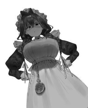 angry apron apron_lift bobsta01 breasts clothes_lift from_below greyscale hair_intakes highres hololive hololive_english large_breasts looking_at_viewer maid maid_apron maid_headdress monochrome ouro_kronii ouro_kronii_(maid) pocket_watch shaded_face virtual_youtuber watch