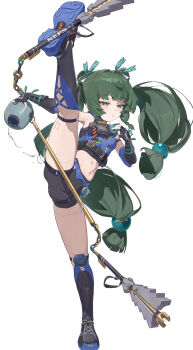 1girl absurdres android armpits ass bare_shoulders berserker_r black_footwear black_gloves black_shorts braid braided_sidelock commentary_request crop_top cross-laced_footwear cup expressionless fingerless_gloves full_body gloves green_eyes green_hair hair_between_eyes hair_bobbles hair_ornament highres holding holding_cup leg_up light_blush long_hair looking_ahead midriff navel open_mouth parted_lips petite qingyi_(zenless_zone_zero) revision shorts sidelocks simple_background sleeveless solo sphere_hair_ornament split spread_legs standing standing_on_one_leg standing_split thighs twintails weapon white_background zenless_zone_zero