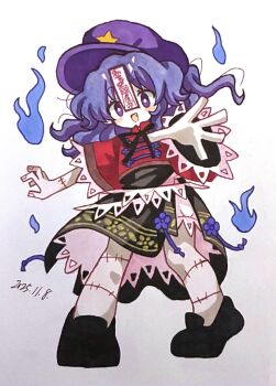 1girl :d black_ribbon black_shoes black_skirt chinese_clothes commentary_request dated fang floral_print furiba_794 hat hat_ornament highres hitodama jiangshi lace-trimmed_sleeves lace_trim looking_at_viewer medium_hair miyako_yoshika neck_ribbon newsboy_cap ofuda open_mouth outstretched_arms print_skirt purple_eyes purple_hair purple_hat red_shirt ribbon shirt shoes short_sleeves simple_background skirt smile solo star_(symbol) star_hat_ornament tangzhuang touhou white_background zombie_pose