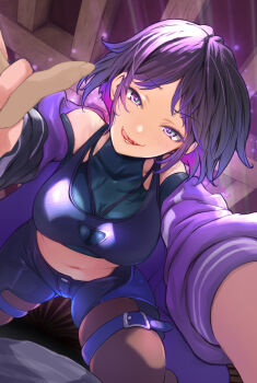 1girl 1other bare_shoulders belt between_breasts black_bodystocking black_bra black_hair black_jacket black_pantyhose black_shirt black_shorts black_sports_bra blush bodystocking bra bra_over_clothes breasts buttons ceiling cleavage cleavage_cutout clothing_cutout colored_eyelashes colored_tips come_hither commission cowboy_shot crop_top dutch_angle eyelashes fang from_below grabbing_another's_hand gradient_hair half-closed_eyes highres holding_another's_wrist hood hooded_jacket indoors jacket large_breasts licking_lips light_blush light_particles light_rays light_smile long_sleeves looking_at_viewer messy_hair midriff multicolored_hair multicolored_jacket multicolored_shorts narrowed_eyes naughty_face navel open_clothes open_jacket pantyhose parted_lips pixiv_commission pov pov_hands puffy_long_sleeves puffy_sleeves purple_eyes purple_hair purple_jacket purple_shorts purple_straps purple_theme pushing_down raised_eyebrow reina_(tekken) seductive_smile shirt short_hair shorts shoulder_cutout sidelocks skindentation sleeveless smile smug solo_focus sports_bra sports_bra_over_clothes strap strap_between_breasts sunbeam sunlight teeth tekken tekken_8 thick_thighs thigh_belt thigh_strap thighs tongue tongue_out turtleneck two-tone_jacket two-tone_shorts underwear unkempt yuumura_ch