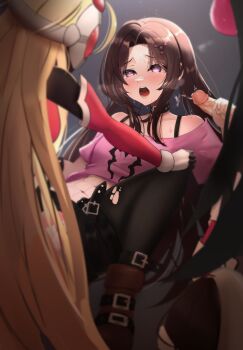 1girl 3futa abs absurdres belt black_bra black_hair blonde_hair boots bra breasts brown_hair choker commission commissioner_upload cum cum_on_body dusk_(wayanfa) facial fauron714 futa_with_female futanari gangbang genderswap genderswap_(mtf) group_sex handjob highres long_hair mega_man_(series) mega_man_zero_(series) multiple_belts multiple_futa non-web_source original pantheon_(mega_man) panties pantyhose pink_eyes pink_panties shirt small_breasts t-shirt torn_clothes uncensored underwear vaginal