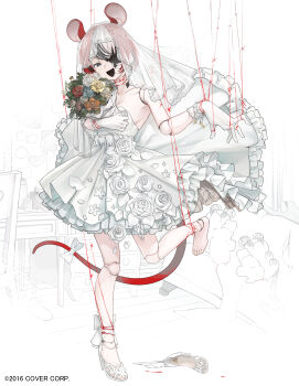 1girl absurdres alternate_costume animal_ears barefoot black_eyes black_hair blood blood_splatter bouquet bow bracelet breasts bridal_veil cleavage commentary couch cracked_skin doll doll_joints dress feet flower hakos_baelz high_heels highres hole_in_face hole_in_head hololive hololive_english insole jewelry joints key marionette medium_breasts mouse_ears mouse_tail multicolored_hair official_art puppet puppet_strings red_hair short_hair smile spiked_bracelet spikes standing standing_on_one_leg string string_around_ankle string_around_finger string_around_neck string_around_wrist string_of_fate stuffed_animal stuffed_toy tail tail_bow tail_ornament teddy_bear toes toro3 veil virtual_youtuber wedding_dress white_background white_hair