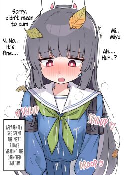 1girl absurdres animal_ears black_hair blue_archive blue_shirt blue_skirt bright_pupils cum cum_on_clothes english_text fake_animal_ears green_neckerchief hard-translated highres leaf leaf_on_head loli long_hair miyu_(blue_archive) neckerchief nyanzai-sensei open_mouth pleated_skirt rabbit_ears red_eyes sailor_collar shirt skirt solo third-party_edit white_pupils white_sailor_collar