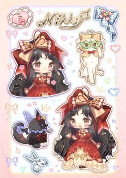 Rule 34 | 1girl, :3, ahoge, animal, argyle bow, argyle clothes, argyle dress, black hair, border, bow, bowtie, brooch, brown eyes, brown shoes, cat, chibi, chinese commentary, cloak, clothed animal, commentary request, commission, copyright name, crimson rhapsody (infinity nikki), cropped legs, dress, ear covers, esseling (infinity nikki), eyelashes, facepaint, felispirit sack (infinity nikki), footwear bow, frilled dress, frills, gown, gradient border, green mask, hair bow, hair ribbon, hand on mask, hand on own cheek, hand on own face, hand on own hip, happy, heart, heart brooch, high heels, highres, hime lolita, hood, hood up, hooded cloak, infinity nikki, jewelry, lanlan zhi jiabing, layered dress, light blush, light particles, lolita fashion, long dress, long hair, long legs, looking down, mask, masquerade mask, momo (nikki), momo longlegs (infinity nikki), multiple hair bows, multiple views, navel, nikki (series), notice lines, off-shoulder dress, off shoulder, open mouth, outline, outside border, outstretched hand, parted bangs, pleated dress, pom pom (clothes), puffy short sleeves, puffy sleeves, red border, red bow, red bowtie, red dress, red ribbon, red wrist cuffs, ribbon, sample watermark, scissors, shoes, short sleeves, smile, sparkle, standing, stiletto heels, tareme, too many watermarks, traditional bowtie, two-tone border, two-tone bow, two-tone bowtie, two-tone ribbon, very long hair, watermark, wavy hair, white background, white cat, white outline, wrist cuffs, yellow border, yellow bow, yellow bowtie, yellow cloak, yellow dress, yellow ribbon