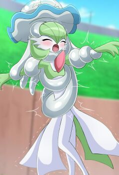 attack bad0gift blush bob_cut choke_hold closed_eyes colored_skin gardevoir gen_3_pokemon gen_7_pokemon grabbing_another&#039;s_arm green_hair green_skin highres hug medium_hair multicolored_skin nihilego nintendo no_humans open_mouth pokemon pokemon_(creature) pokemon_battle pokemon_focus restrained skirt strangling tentacles textless_version trembling two-tone_skin ultra_beast white_skin white_skirt