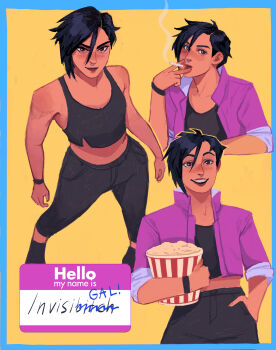 1girl absurdres black_hair black_pants black_shirt breasts character_name clara_roux crop_top dispatch face_piercing food hand_in_pocket highres invisigal_(dispatch) jacket multiple_views name_tag nose_piercing nose_ring pants piercing pink_jacket popcorn shirt short_sleeves small_breasts smile smoking wristband yellow_background