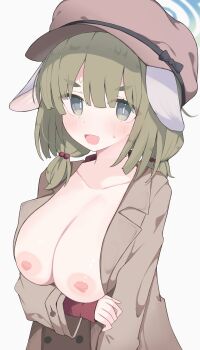 1girl absurdres animal_ears blue_archive blue_halo blush breasts green_eyes green_hair halo hat highres large_breasts nipples nui_(nuinui0300) open_mouth simple_background solo variant_set white_background yakumo_(blue_archive)
