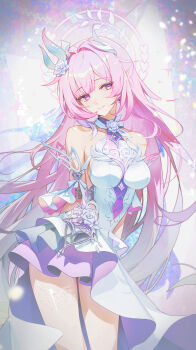 1girl absurdres armlet arms_behind_back bare_shoulders breasts closed_mouth commentary cyrene_(honkai:_star_rail) cyrene_(ripples_of_past_reverie)_(honkai:_star_rail) diamond-shaped_pupils diamond_(shape) dress flower gradient_hair hair_flower hair_intakes hair_ornament halo halo_behind_head highres honkai:_star_rail honkai_(series) jewelry long_hair looking_at_viewer medium_breasts multicolored_hair pink_eyes pink_hair pointy_ears purple_flower purple_rose rose sidelocks signature smile solo symbol-shaped_pupils very_long_hair white_dress yanjem