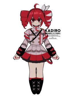 1girl :| ahoge black_boots blush boots bow buttons closed_mouth double-breasted drill_hair full_body grey_jacket grey_skirt hair_between_eyes hair_bow hair_ribbon highres jacket ka_ji kasane_teto kasane_teto_(sv) long_sleeves looking_at_viewer red_eyes red_hair red_nails red_socks ribbon shoulder_belt simple_background skirt socks solo straight-on synthesizer_v twin_drills watermark white_background white_bow white_ribbon