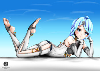 1girl barefoot behindthemask blue_eyes blue_hair blush feet highres long_hair looking_at_viewer on_stairs seed_(zenless_zone_zero) soles stirrup_legwear toeless_legwear toes zenless_zone_zero