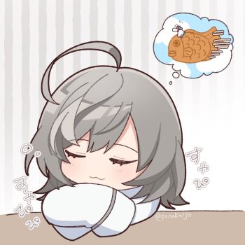 Rule 34 | 1girl, :3, ahoge, arms on table, assault lily, blush, chibi, closed eyes, closed mouth, cloud, commentary request, dreaming, food, gradient background, grey background, grey hair, head on arm, head rest, herensuge girls academy school uniform, highres, jacket, long sleeves, multicolored hair, oversized clothes, oversized food, oversized object, ponokaijo, riding, sasaki ran, school uniform, sleeping, sleeping upright, sleeves past fingers, sleeves past wrists, smile, solo, speech bubble, squeans, streaked hair, striped background, taiyaki, thought bubble, twitter username, upper body, wagashi, white jacket