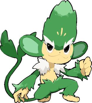 :3 clenched_hand closed_mouth commentary_request dot_nose full_body gen_5_pokemon kawaanago lowres nintendo pokemon pokemon_(creature) pokemon_focus simisage smile solo squatting transparent_background