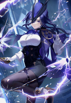 1girl absurdres ascot black_corset black_pantyhose breasts button_gap clorinde_(genshin_impact) closed_mouth commentary corset electricity epaulettes fold-over_gloves framed_breasts genshin_impact gloves gun hair_between_eyes hat high-waist_skirt high_heels highres holding holding_gun holding_weapon large_breasts leg_up long_hair long_hair_between_eyes looking_at_viewer magic medium_breasts pantyhose pencil_skirt purple_ascot purple_eyes purple_hair revision shirt skirt solo taut_clothes taut_shirt tricorne turyee0322 weapon white_gloves white_shirt
