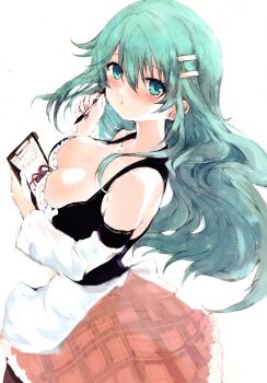 1girl aqua_eyes aqua_hair breasts cleavage hair_ornament hairclip highres holding holding_menu holding_pen large_breasts looking_at_viewer looking_to_the_side menu pen pulptenks_flanders rance_(series) rance_01 simple_background solo tsutsugano waitress white_background