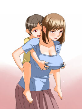 1boy 1girl age_difference blush breasts carrying cleavage covered_erect_nipples grabbing_another's_breast grabbing_from_behind groping hetero incest kadan_(ad1999) lactation lactation_through_clothes molestation mother_and_son nipple_stimulation nipple_tweak onee-shota piggyback see-through_clothes shota wet wet_clothes
