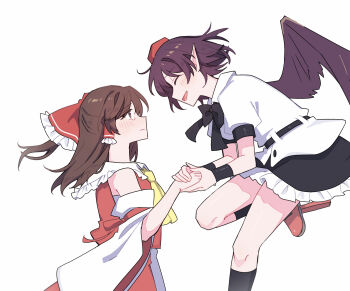 2girls ascot bird_wings black_bow black_bowtie black_skirt black_wings blush bow bowtie brown_eyes brown_hair closed_eyes closed_mouth commentary_request detached_sleeves flying frilled_bow frilled_hair_tubes frills geta hair_bow hair_tubes hakurei_reimu hat highres holding_hands long_hair looking_at_another multiple_girls open_mouth pointy_ears puffy_short_sleeves puffy_sleeves red_bow red_hat sakic43899 shameimaru_aya shirt short_hair short_sleeves simple_background skirt smile tears tengu-geta tokin_hat touhou white_background white_shirt wings yellow_ascot