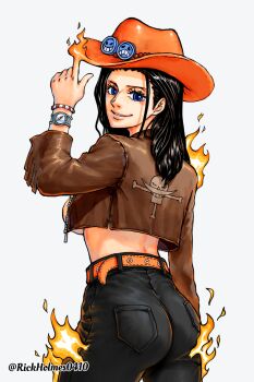 Rule 34 | 1girl, arm at side, arm up, ass, back, belt, black hair, black pants, blue eyes, breasts, brown jacket, commentary, cosplay, cowboy hat, cowboy shot, cropped jacket, devil fruit power, english commentary, fire, freckles, from behind, hat, hat ornament, index finger raised, jacket, jolly roger, lips, long hair, long sleeves, looking at viewer, looking back, midriff, nico robin, no bra, one piece, open clothes, open jacket, orange belt, orange hat, pants, parted lips, pocket, poneglyph, portgas d. ace, portgas d. ace (cosplay), rickholmes0410, smile, solo, unzipped, whitebeard pirates jolly roger, zipper, zipper pull tab
