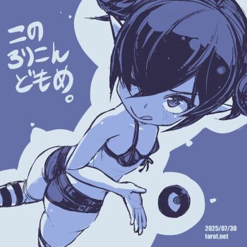 1girl ;q ass backbeako_(torotei) backbeard bikini bikini_top_only blue_background blue_theme blush breasts closed_mouth commentary dated dated_commentary double_bun dutch_angle from_behind front-tie_bikini_top front-tie_top gegege_no_kitarou hair_bun hair_over_one_eye hand_up horizontal-striped_thighhighs kneeling kono_lolicon_domome loli long_hair looking_at_viewer looking_back micro_shorts monochrome one_eye_closed original paid_reward_available pointy_ears shorts simple_background small_breasts smile solo striped_clothes striped_thighhighs swimsuit thighhighs tongue tongue_out torotei translated watermark web_address