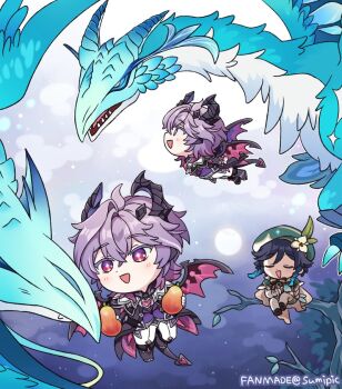 2boys :d aqua_hair artist_name beret black_boots black_capelet black_hair black_horns black_jacket blush boots braid branch brown_shoes cape capelet closed_eyes colored_eyelashes commentary crossed_bangs dragon dragon_boy dragon_horns dragon_tail dragon_wings durin_(genshin_impact) dvalin_(genshin_impact) english_commentary flower flying fold-over_boots food frilled_sleeves frills fruit full_moon genshin_impact gloves gradient_hair green_cape green_capelet green_hat green_shorts hair_between_eyes hair_flower hair_ornament hat holding holding_food holding_fruit holding_instrument holding_lyre horns instrument jacket long_sleeves lyre medium_hair moon multicolored_hair multiple_boys multiple_views music night open_mouth pants pantyhose playing_instrument purple_hair purple_shirt red_eyes sharp_teeth shirt shoes short_shorts shorts side_braids singing single_hair_intake sitting sitting_on_branch sky sleeve_cuffs smile star_(sky) sumipic sunsettia_(genshin_impact) tail teeth tree twin_braids twitter_username two-sided_cape two-sided_fabric u_u venti_(genshin_impact) white_flower white_gloves white_pants white_pantyhose white_shirt wings