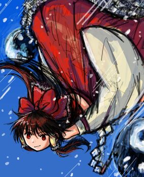 1girl brown_hair commentary_request dade_ne detached_sleeves flying hair_ribbon hair_tubes hakurei_reimu highres long_hair one-hour_drawing_challenge red_skirt ribbon skirt solo touhou wide_sleeves