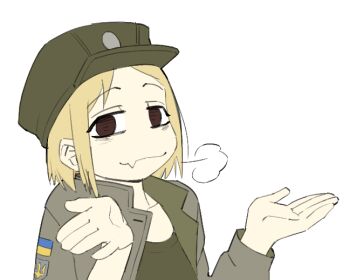 Rule 34 | 1girl, blonde hair, brown eyes, brown jacket, collarbone, crop top, fang, green tank top, jacket, limestone (artist), looking at viewer, marichka, non-web source, original, russo-ukrainian war, short hair, shrugging, skin fang, smile, solo, sticker, tank top