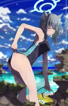 absurdres adjusting_clothes adjusting_swimsuit animal_ears aqua_eyes ass blue_archive blue_halo blurry blurry_background blurry_foreground blush bucket cloud cloudy_sky fish grey_hair hair_ornament halo highres matsumoto_yutaka ocean one-piece_swimsuit shiroko_(blue_archive) shiroko_(swimsuit)_(blue_archive) sky swimsuit thighs