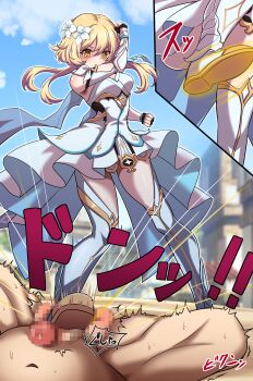 1boy 1girl 3d 3d_background absurdres arm_up ball_busting bdsm blonde_hair blush boots cbt censored cloud commentary_request crotch_stomping detached_sleeves dress femdom fighting_stance fingerless_gloves flower frilled_dress frills furrowed_brow genshin_impact gloves hair_between_eyes hair_flower hair_ornament highres leg_up long_sleeves looking_at_another looking_down lumine_(genshin_impact) martial_arts mosaic_censoring motion_lines open_mouth outdoors pain penis precum sadism scarf short_hair_with_long_locks sidelocks sky sleeveless sleeveless_dress sound_effects spread_legs stomping sweat testicles thigh_boots thighhighs thighs violence white_dress white_flower white_footwear white_gloves white_neckwear white_scarf yagami_(mukage) yellow_eyes