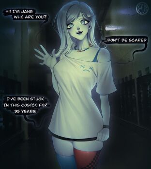 1girl asymmetrical_legwear backrooms_(creepypasta) blue_eyes blue_hair breasts colored_skin commentary costco cowboy_shot english_commentary english_text grey_skin hand_up highres indoors jewelry large_breasts looking_at_viewer medium_hair mismatched_legwear mismatched_thighhighs necklace nose open_mouth original parted_bangs shirt short_sleeves skindentation smile solo speech_bubble talking teyoid thighhighs waving white_shirt