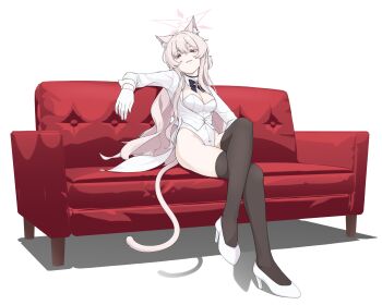 1girl akira_(blue_archive) alternate_costume animal_ear_fluff animal_ears black_thighhighs blue_archive cat_ears cat_girl cat_tail colored_eyelashes commentary_request couch crossed_legs detached_collar full_body gloves halo highleg highleg_leotard highres jacket leotard long_hair looking_at_viewer mandara3a on_couch pink_hair pink_halo playboy_bunny red_eyes shoes sitting solo strapless strapless_leotard tail thighhighs white_background white_eyelashes white_gloves white_jacket white_leotard white_shoes