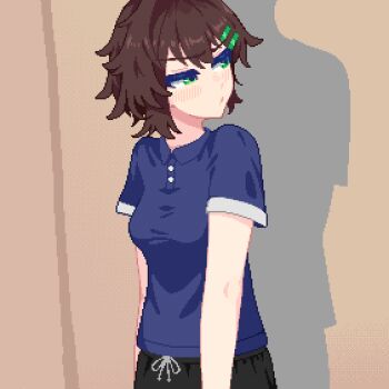 1boy 1girl animated animated_gif blue_shirt blush breast_drop breasts brown_hair closed_eyes clothes_lift commentary_request grabbing_another&#039;s_breast groping hair_ornament hairclip hanekenomichi-chan hurumero large_breasts navel nipples original perky_breasts shirt shirt_lift