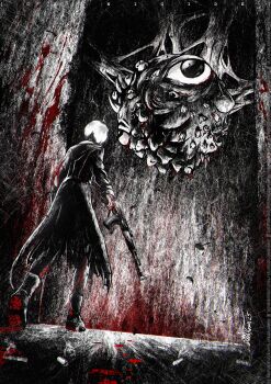 1girl assault_rifle bleeding blood blood_drip blood_on_arm blood_on_hands blood_on_shoes blood_on_wall bloody_footprints body_horror chromatic_aberration coat commentary eldritch_abomination english_commentary eyeball flesh from_behind from_below full_body gloomflower greyscale gun hatching_(texture) highres holding holding_gun holding_weapon horror_(theme) indoors linear_hatching marie_(peripeteia) monochrome monster peripeteia red_theme rifle shell_casing short_hair signature spot_color too_many_teeth torn_clothes torn_coat traditional_media trench_coat walking weapon weapon_request