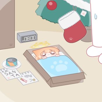 1girl :3 animal_ear_fluff animal_ears blue_archive blunt_bangs blush box can canned_food cardboard_box chibi child's_drawing christmas_ornaments christmas_stocking christmas_tree clock closed_eyes closed_mouth halo hands_up highres horuhara in_box in_container indoors lying mari_(blue_archive) no_nose on_back orange_hair pants paw_print pet_food plate shoes solo_focus standing sweatdrop under_covers yellow_halo