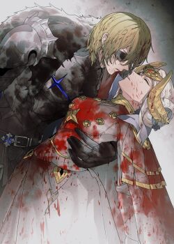 Rule 34 | 1boy, 1girl, armor, blonde hair, blood, blood on clothes, blood on face, bodysuit, breasts, cape, carrying, carrying person, cdgm000, closed eyes, collared cape, commentary request, couple, dimitri alexandre blaiddyd, dimitri alexandre blaiddyd (timeskip), dress, edelgard von hresvelg, edelgard von hresvelg (timeskip), eyepatch, fake horns, fire emblem, fire emblem heroes, from side, fur cape, fur trim, grey background, hair bun, headpiece, hetero, high collar, highres, horns, korean commentary, leaning back, leaning forward, medium breasts, messy hair, nintendo, official alternate costume, open mouth, red cape, red dress, shade, upper body