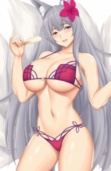 Rule 34 | 1girl, animal ear fluff, animal ears, arcie albano, azur lane, bare shoulders, bikini, blue eyes, blush, breasts, cleavage, collarbone, cosplay, fate/grand order, fate (series), flower, food, fox ears, fox girl, fox tail, grey hair, hair flower, hair ornament, highres, huge breasts, kitsune, long hair, looking at viewer, multiple tails, navel, noto mamiko, open mouth, popsicle, purple bikini, scathach (fate), scathach (fate/grand order), scathach (swimsuit assassin) (fate), scathach (swimsuit assassin) (fate) (cosplay), shinano (azur lane), simple background, smile, swimsuit, tail, thighs, voice actor connection, white background