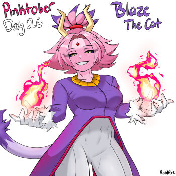 1girl acidart artist_name ashido_mina black_sclera blaze_the_cat blaze_the_cat_(cosplay) boku_no_hero_academia colored_sclera colored_skin cosplay female_focus highres horns pink_hair pink_skin solo sonic_(series) yellow_eyes yellow_horns