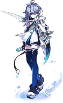 1boy adjusting_clothes ahoge artist_request belt black_shirt black_shorts black_thighhighs blue_eyes blue_thighhighs boots bracer brooch brown_belt chest_belt closed_mouth crossed_bangs crystal dot_nose elsword expressionless full_body gloves gradient_thighhighs grey_hair hair_between_eyes highres holding holding_scythe hood hood_down hooded_jacket jacket jewelry layered_sleeves long_hair long_sleeves looking_to_the_side loose_hair_strand magic male_focus noah_ebalon official_alternate_costume official_art pale_skin purple_pupils scythe second-party_source shirt short_over_long_sleeves short_sleeves shorts solo standing tachi-e tassel thighhighs transparent_background turtleneck turtleneck_shirt white_boots white_gloves white_jacket