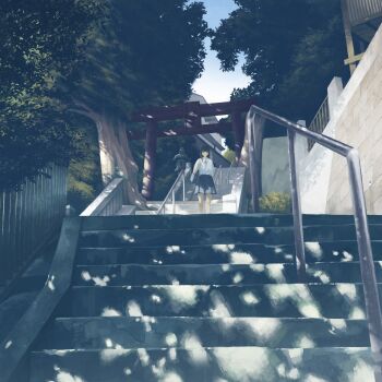 1girl bag black_hair black_skirt commentary_request dappled_sunlight day gensuke_(ryun) handbag highres original outdoors pleated_skirt railing revision scenery shirt skirt solo stairs stone_stairs summer sunlight tree white_shirt