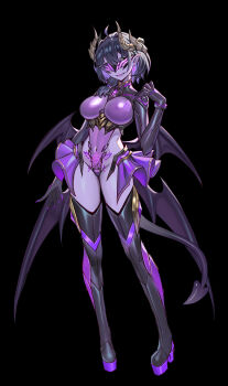 1girl absurdres ahoge black_background black_hair black_thighhighs boots breasts colored_inner_hair colored_skin commentary commission corruption cross cross_earrings dark_persona demon_girl demon_horns demon_tail demon_wings earrings english_commentary fingernails full_body highres horns impossible_clothes impossible_leotard jewelry large_breasts leotard long_fingernails looking_at_viewer low_wings multicolored_hair multiple_wings navel original platform_boots pointy_ears pubic_tattoo purple_hair purple_skin sharp_fingernails shen_hai_ichigo short_hair skin_tight solo standing tail tattoo thigh_boots thighhighs two-tone_hair variant_set wings