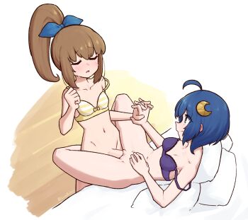 1futa 1girl bed blue_eyes blue_hair blue_ribbon bottomless bra breasts brown_hair clitoris closed_eyes collarbone futa_with_female futanari hair_ornament hair_ribbon holding_hands lace lace-trimmed_bra lace_trim leg_lock long_hair looking_at_another lying medium_hair moon_(ornament) navel non-web_source off_shoulder on_back ponytail precis_neumann purple_bra rena_lanford ribbon sex simple_flower small_breasts smile square_enix standing star_ocean star_ocean:_the_second_story striped_bra striped_clothes sweat uncensored underwear vaginal yellow_bra