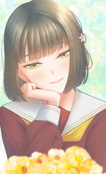 1girl absurdres black_hair blunt_bangs blunt_ends bob_cut bouquet brown_dress closed_mouth commentary_request dress flower flower_knot green_background green_eyes hair_flower hair_ornament half-closed_eyes hand_on_own_chin hasu_no_sora_school_uniform head_tilt highres link!_like!_love_live! long_sleeves looking_at_viewer love_live! momose_ginko neckerchief sailor_collar sailor_dress school_uniform short_hair solo uduki_fuji virtual_youtuber white_flower white_sailor_collar winter_uniform yellow_flower yellow_neckerchief