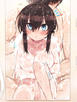 1boy 1girl ^^^ blue_eyes blush breasts brown_hair censored cleavage collarbone faceless faceless_male heart heart_censor hetero highres holding holding_sponge implied_masturbation large_breasts leg_up mixed-sex_bathing mole mole_on_neck mole_under_eye nipple_slip nipples nude null_(nyanpyoun) oppai_loli original pussy shared_bathing short_hair sidelocks sitting soap_bubbles solo_focus sponge tsukumo_matoi_(null) wet