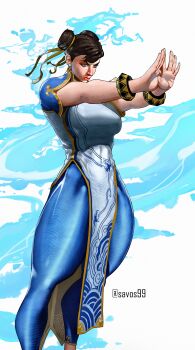 1girl absurdres artist_name blue_bodysuit bodysuit bracelet breasts brown_hair capcom chinese_clothes chun-li commentary double_bun earrings facing_to_the_side feet_out_of_frame fingernails full_body hair_between_eyes hair_bun highres jewelry lips looking_ahead muscular narrow_waist nose outstretched_arms palms pants pelvic_curtain savos99 short_hair simple_background single_earring solo spiked_bracelet spikes street_fighter street_fighter_6 thick_thighs thighs tight_clothes tight_pants twitter_username unitard