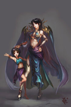 2girls age_difference anklet armlet armor barefoot bikini_armor bindi black_hair black_legwear bracelet braid cape highres jewelry long_hair midriff multiple_girls navel original pantyhose sarong short_hair size_difference thighhighs ushas